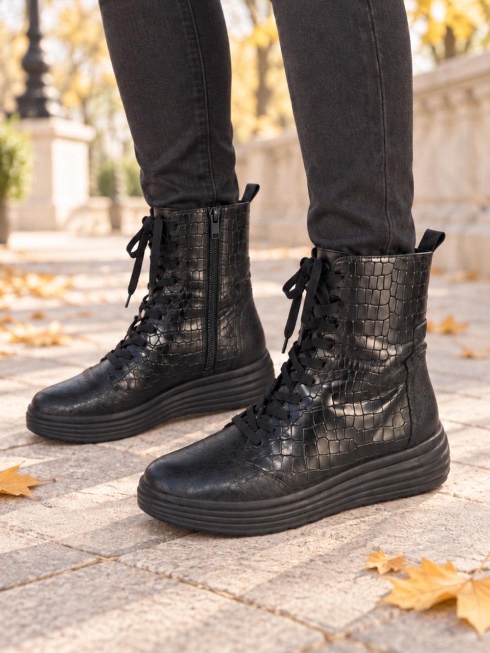Geox Black Leather Croc-Embossed Lace-Up Platform Ankle Boots❤️9.5-10/41